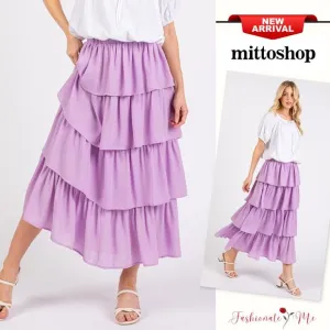 ❤️Mittoshop Chiffon Ruffle Tiered Layers Elastic Waist Midi Skirt | Lavender