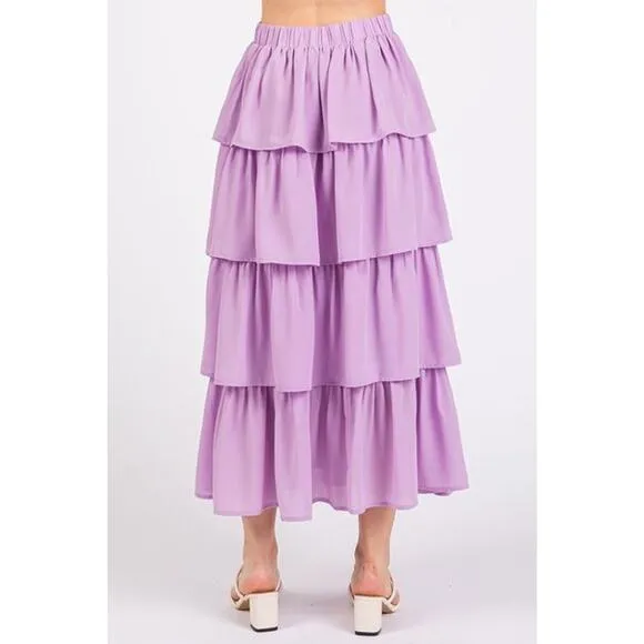 ❤️Mittoshop Chiffon Ruffle Tiered Layers Elastic Waist Midi Skirt | Lavender