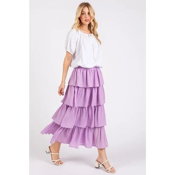 ❤️Mittoshop Chiffon Ruffle Tiered Layers Elastic Waist Midi Skirt | Lavender