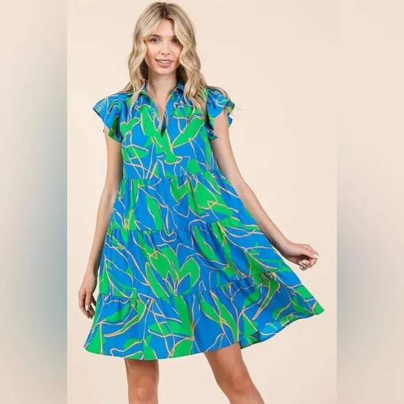 Mittoshop Leaf Print Ruffle Sleeve Tiered Mini Dress