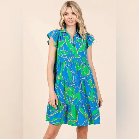 Mittoshop Leaf Print Ruffle Sleeve Tiered Mini Dress