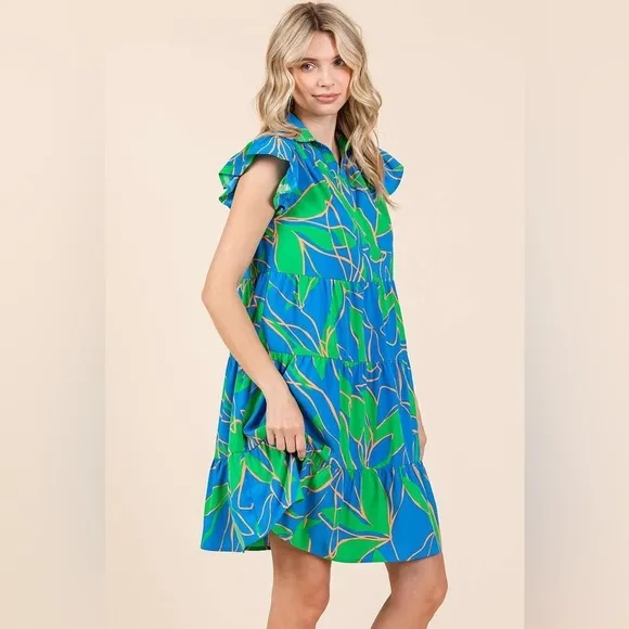 Mittoshop Leaf Print Ruffle Sleeve Tiered Mini Dress