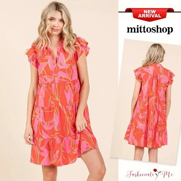 ❤️Mittoshop Leaf Print Ruffle Sleeves Collared Neck Tiered Mini Dress | Coral