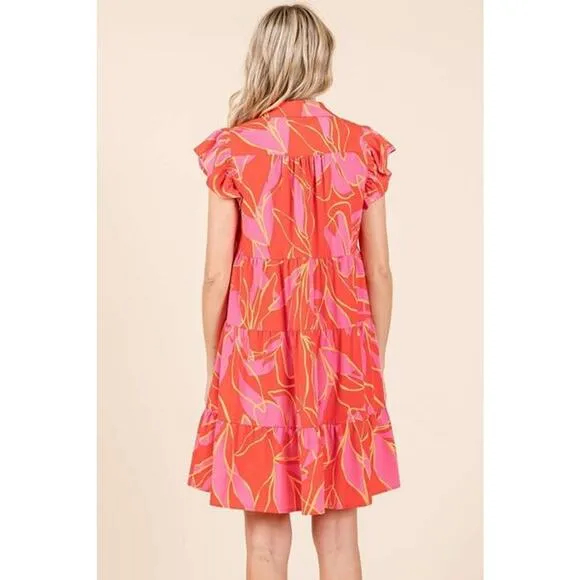 ❤️Mittoshop Leaf Print Ruffle Sleeves Collared Neck Tiered Mini Dress | Coral