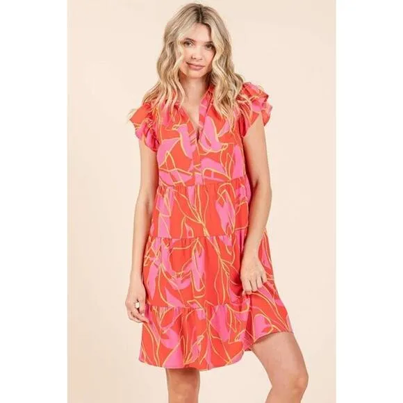 ❤️Mittoshop Leaf Print Ruffle Sleeves Collared Neck Tiered Mini Dress | Coral