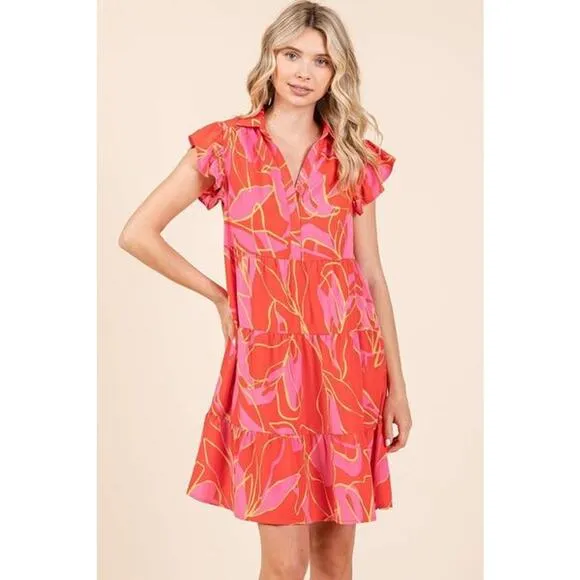 ❤️Mittoshop Leaf Print Ruffle Sleeves Collared Neck Tiered Mini Dress | Coral