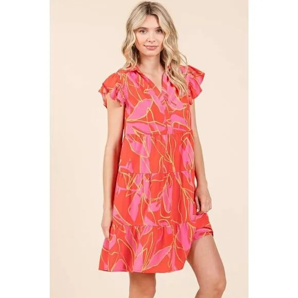 ❤️Mittoshop Leaf Print Ruffle Sleeves Collared Neck Tiered Mini Dress | Coral