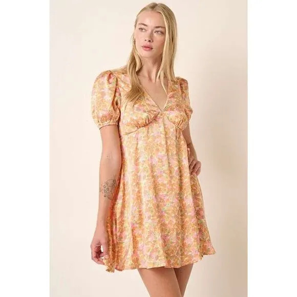 ❤️Mittoshop Printed Design V-Neck Short Puff Sleeves Ruched Mini Dress | Sherbet