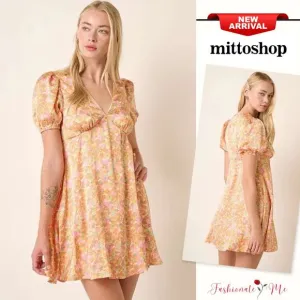 ❤️Mittoshop Printed Design V-Neck Short Puff Sleeves Ruched Mini Dress | Sherbet