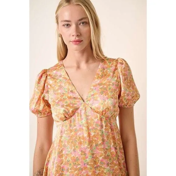 ❤️Mittoshop Printed Design V-Neck Short Puff Sleeves Ruched Mini Dress | Sherbet