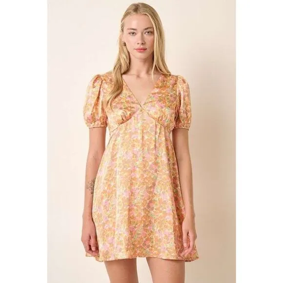 ❤️Mittoshop Printed Design V-Neck Short Puff Sleeves Ruched Mini Dress | Sherbet