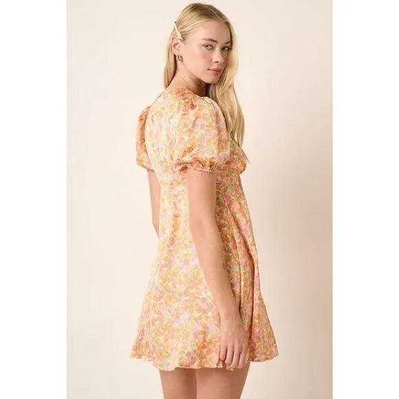 ❤️Mittoshop Printed Design V-Neck Short Puff Sleeves Ruched Mini Dress | Sherbet
