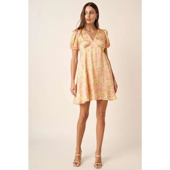 ❤️Mittoshop Printed Design V-Neck Short Puff Sleeves Ruched Mini Dress | Yellow
