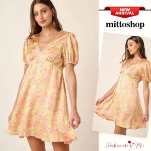 ❤️Mittoshop Printed Design V-Neck Short Puff Sleeves Ruched Mini Dress | Yellow