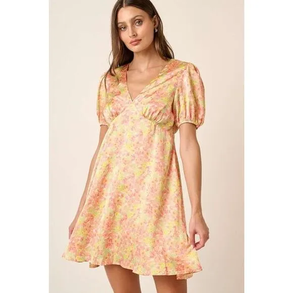 ❤️Mittoshop Printed Design V-Neck Short Puff Sleeves Ruched Mini Dress | Yellow