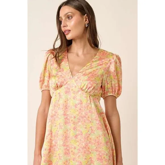 ❤️Mittoshop Printed Design V-Neck Short Puff Sleeves Ruched Mini Dress | Yellow