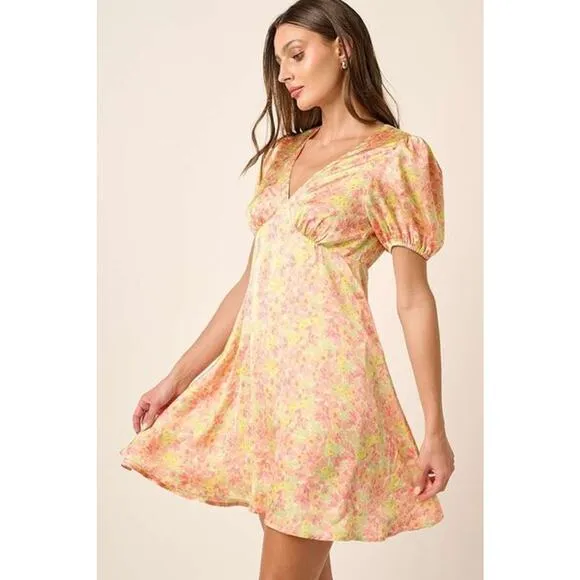 ❤️Mittoshop Printed Design V-Neck Short Puff Sleeves Ruched Mini Dress | Yellow