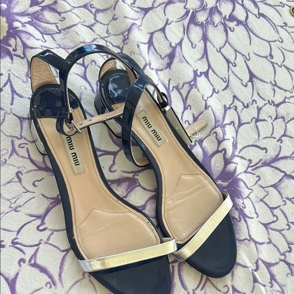 Miu Miu Black and Cream Women's Sandals size 37 Preloved please see photos