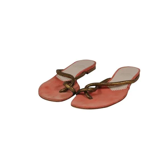 Moschino Womens Cheap And Chic Sandals US 7.5 Orange Gold Thong Slip On Slides