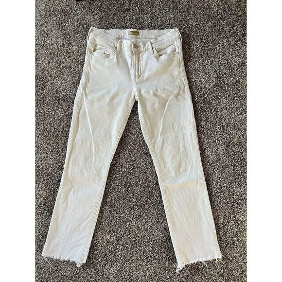 MOTHER White Denim The Rascal Ankle Snippet Jeans Size 28 Frayed Hem High Waist