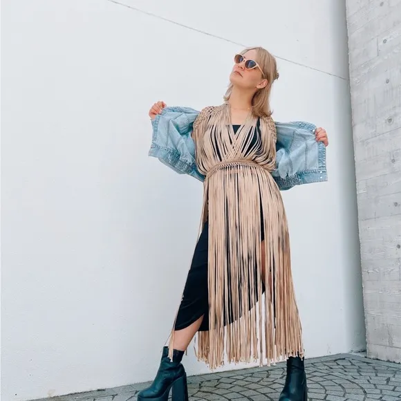 Munai Aura Macrame Fringe Dress Handmade Taupe