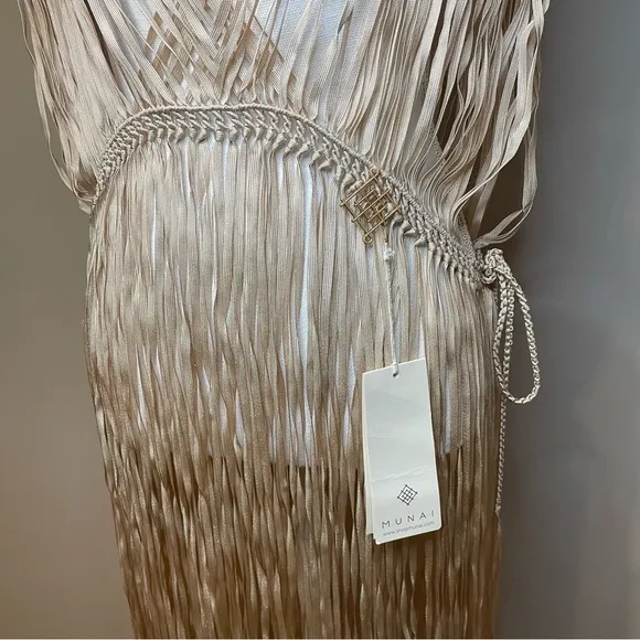Munai Aura Macrame Fringe Dress Handmade Taupe