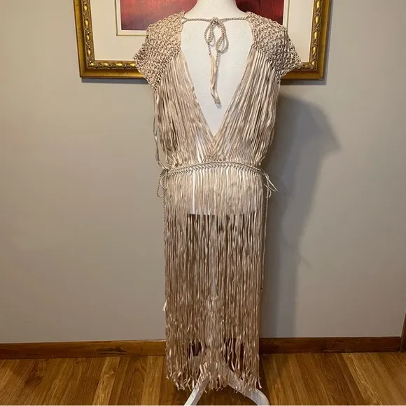 Munai Aura Macrame Fringe Dress Handmade Taupe