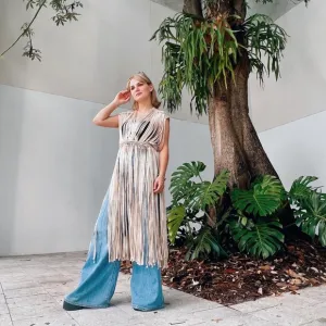 Munai Aura Macrame Fringe Dress Handmade Taupe