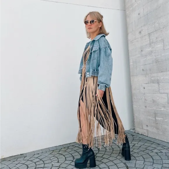 Munai Aura Macrame Fringe Dress Handmade Taupe