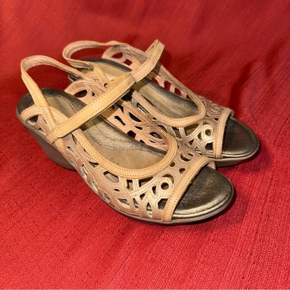 NAOT Deluxe Wedge Sandals, Champagne Leather, Size 7.5 (EU 38), NWOT