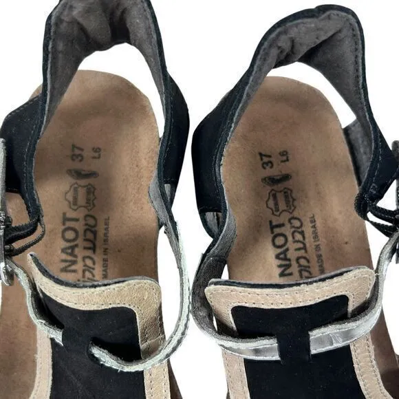 NAOT Fiona Black Leather Wedge Comfort Cushioned‎ Cork Sandals Women Size US 6