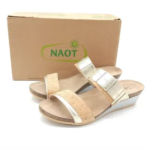Naot Royalty Women's Cork Radiant Gold Leather Wedge Slide Sandals Size 10