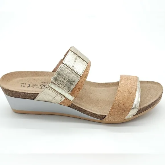 Naot Royalty Women's Cork Radiant Gold Leather Wedge Slide Sandals Size 10