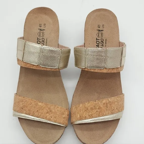 Naot Royalty Women's Cork Radiant Gold Leather Wedge Slide Sandals Size 10