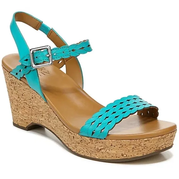 NATURALIZER CARLITA ANKLE STRAP PLATFORM WEDGE SANDALS SIZE 8.5 W BLUE AUTHENTIC