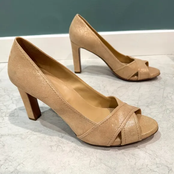 NATURALIZER odetta heels beige gold leather pumps peep toe women’s 12 Wide NEW