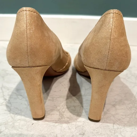 NATURALIZER odetta heels beige gold leather pumps peep toe women’s 12 Wide NEW