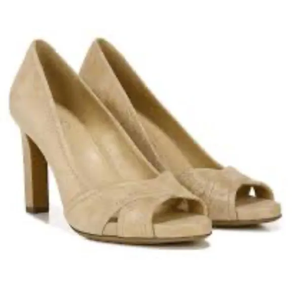 NATURALIZER odetta heels beige gold leather pumps peep toe women’s 12 Wide NEW