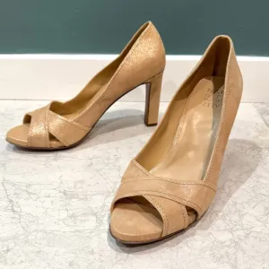 NATURALIZER odetta heels beige gold leather pumps peep toe women’s 12 Wide NEW
