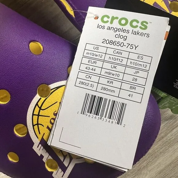 NBA Los Angeles Lakers Classic Clogs Men's Size‎ 10/ Women's Size 12 Crocs