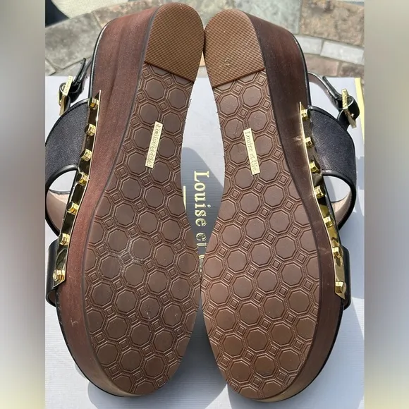 Nearly NEW Black and Gold Leather and Canvas Platform Wedge Casual Sandals