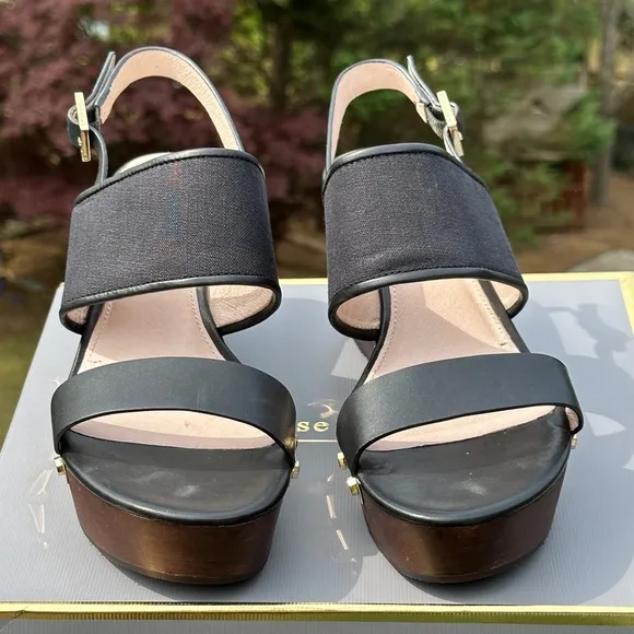 Nearly NEW Black and Gold Leather and Canvas Platform Wedge Casual Sandals