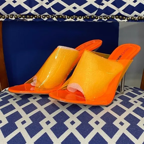 Neon orange clear lucite bright heeled mules open toe mule sandals Sz 11