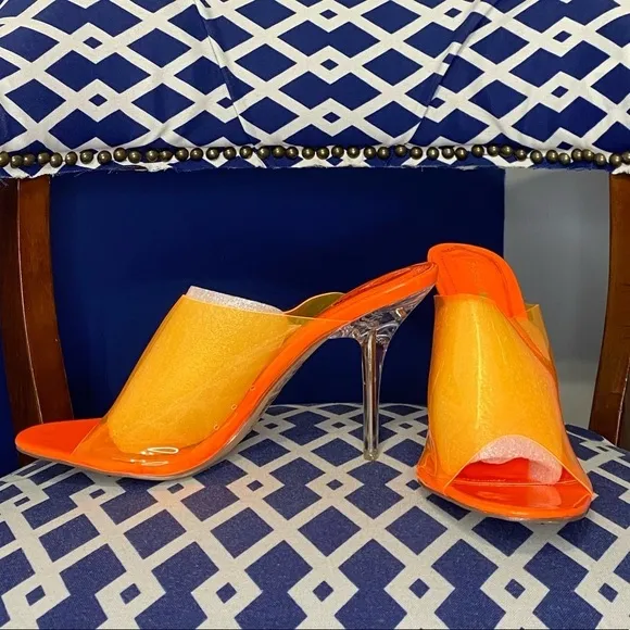 Neon orange clear lucite bright heeled mules open toe mule sandals Sz 11