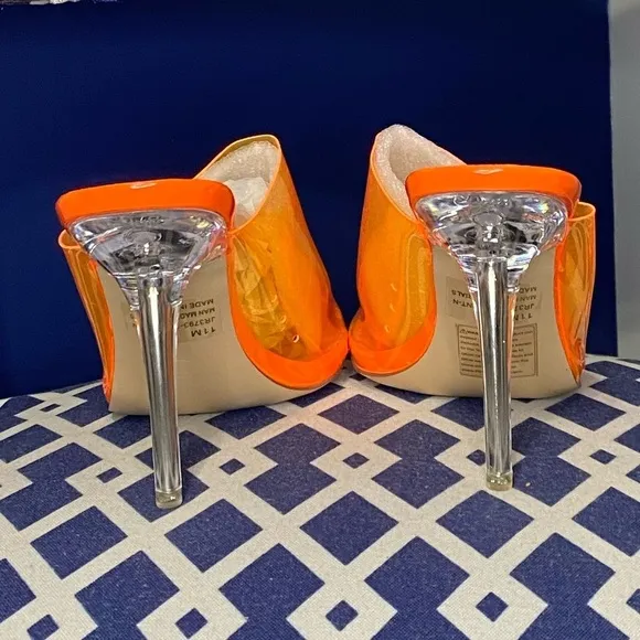 Neon orange clear lucite bright heeled mules open toe mule sandals Sz 11