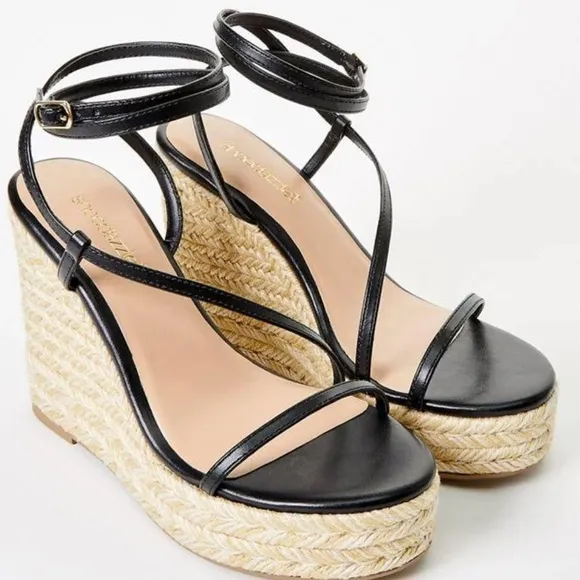 New - Aisha Black Platform Espadrille Wedge Sandals