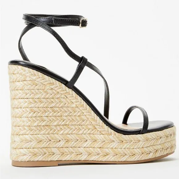 New - Aisha Black Platform Espadrille Wedge Sandals