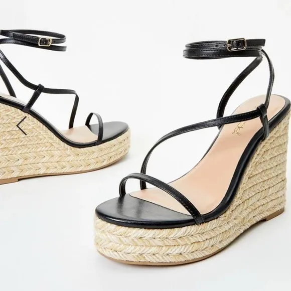 New - Aisha Black Platform Espadrille Wedge Sandals
