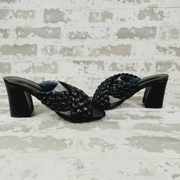 New Anne Klein Black Solid Braided Slide On Mule Block Heel Sandals  C483