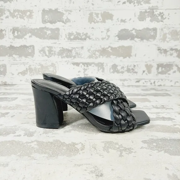 New Anne Klein Black Solid Braided Slide On Mule Block Heel Sandals  C483